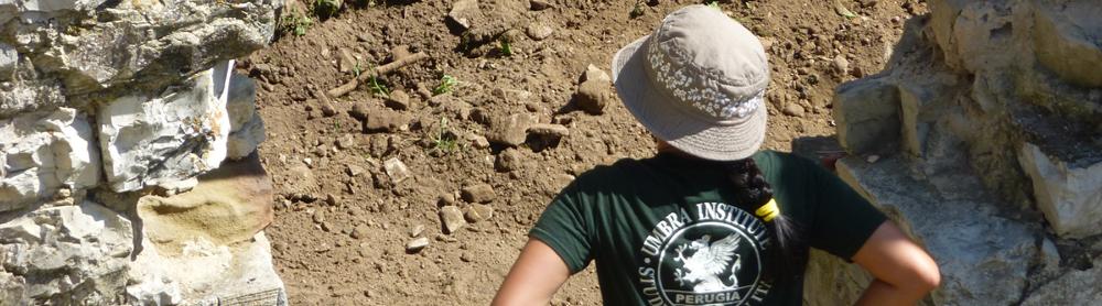 Student surveying dig site